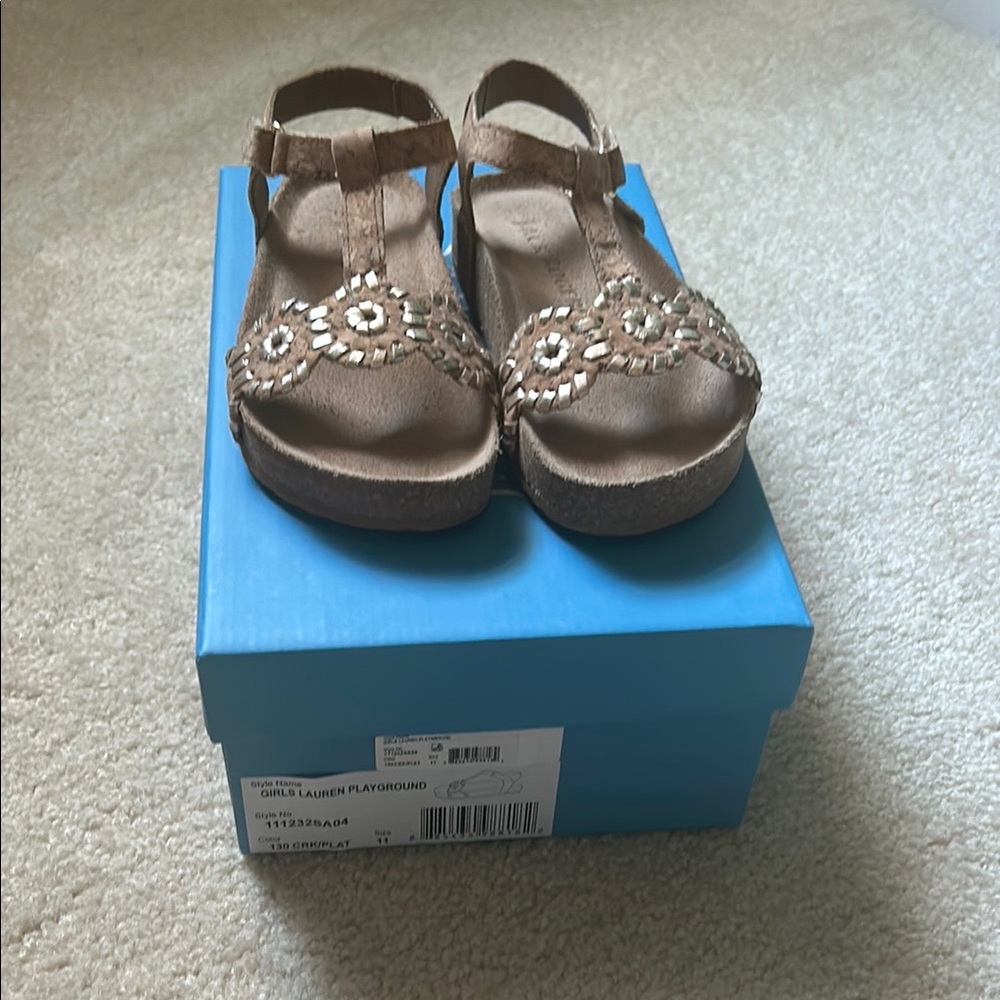 Jack Rogers Tan Sandals with Ankle Strap and Intricate Design